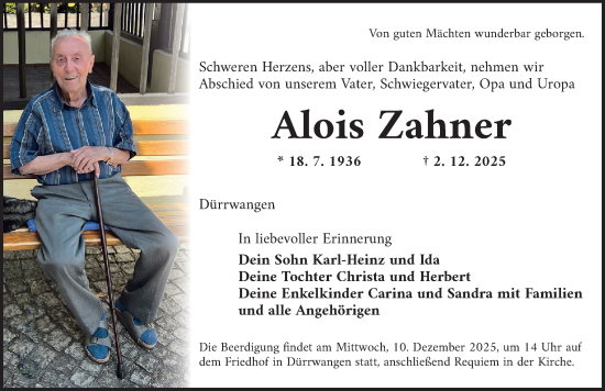 Traueranzeige von Alois Zahner von Dinkelsbühl/ Feuchtwangen