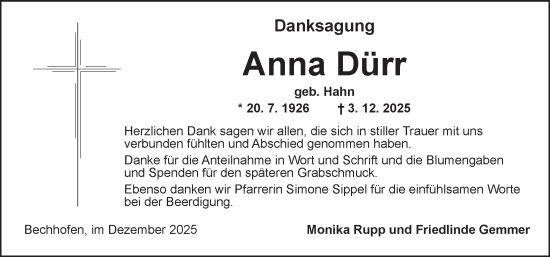 Traueranzeige von Anna Dürr von Ansbach