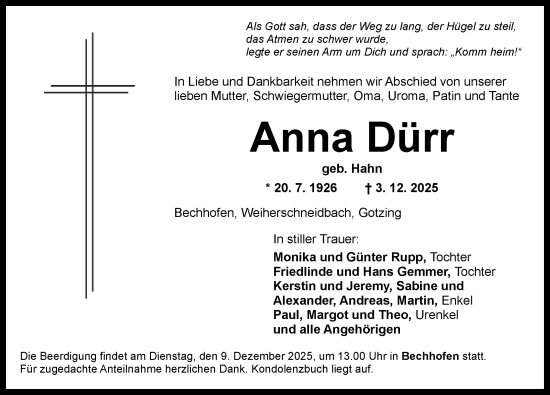 Traueranzeige von Anna Dürr von GE