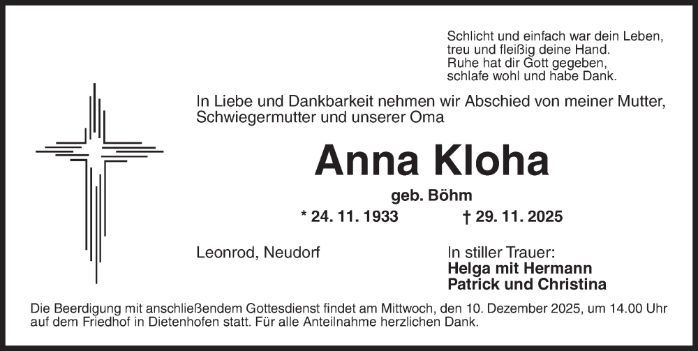  Traueranzeige für Anna Kloha vom 06.12.2025 aus Ansbach