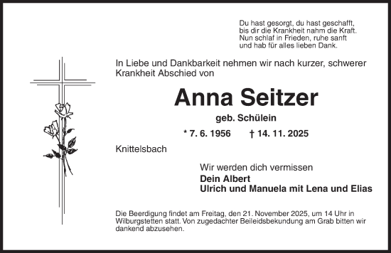 Traueranzeige von Anna Seitzer von Dinkelsbühl/ Feuchtwangen