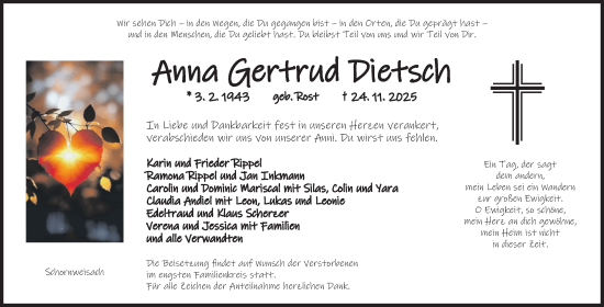 Traueranzeige von Anna Gertrud Dietsch von Neustadt/ Scheinfeld/ Uffenheim