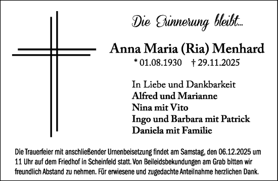 Traueranzeige von Anna Maria Menhard von Neustadt/ Scheinfeld/ Uffenheim