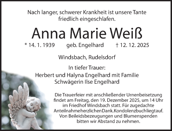 Traueranzeige von Anna Marie Weiß von Ansbach