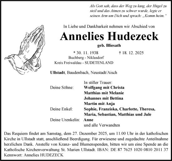 Traueranzeige von Annelies Hudezeck von Neustadt/ Scheinfeld/ Uffenheim