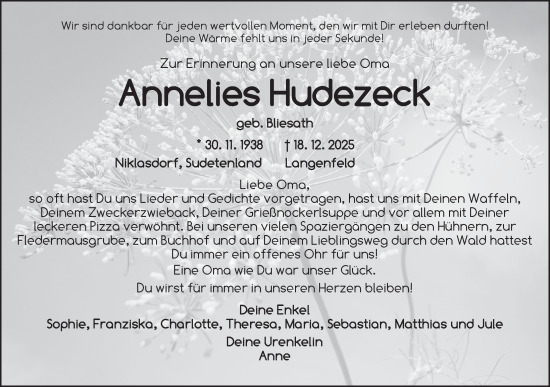 Traueranzeige von Annelies Hudezeck von Neustadt/ Scheinfeld/ Uffenheim