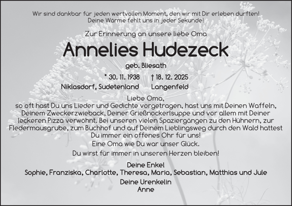  Traueranzeige für Annelies Hudezeck vom 24.12.2025 aus Neustadt/ Scheinfeld/ Uffenheim