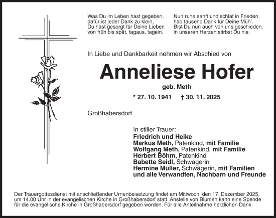 Traueranzeige von Anneliese Hofer von Ansbach