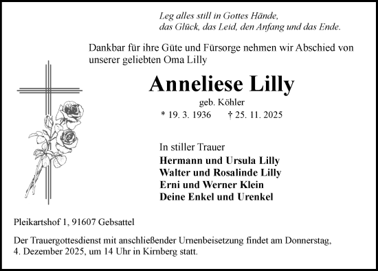 Traueranzeige von Anneliese Lilly von Ansbach
