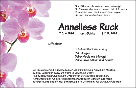 Traueranzeige von Anneliese Ruck von Neustadt/ Scheinfeld/ Uffenheim