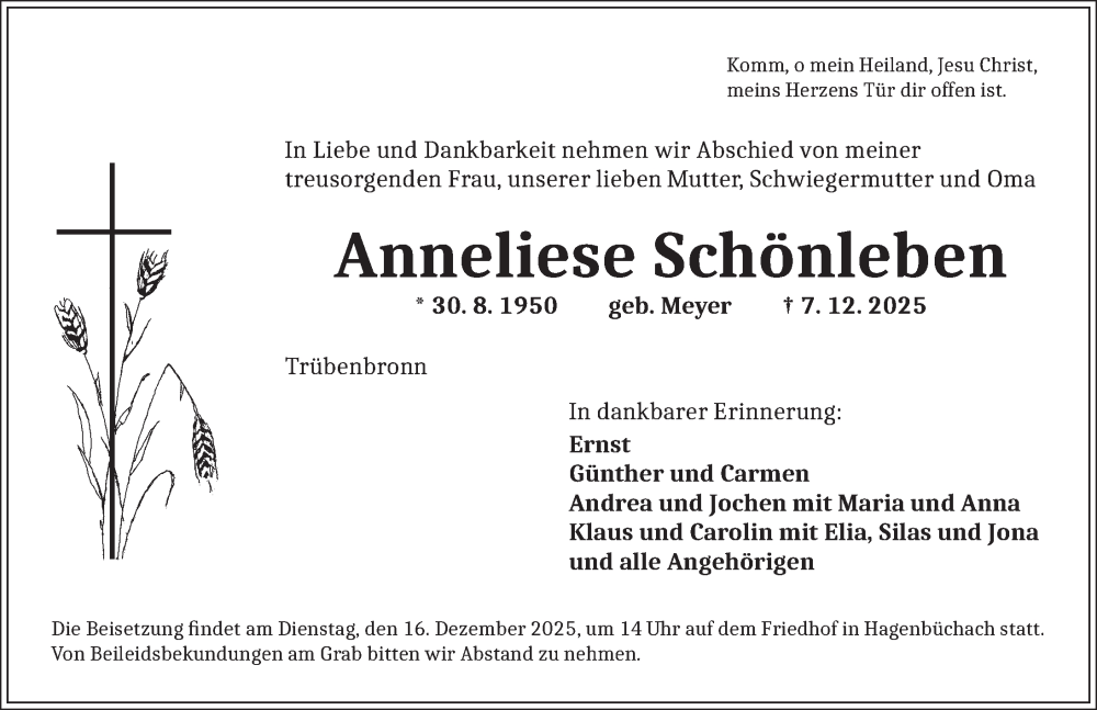  Traueranzeige für Anneliese Schönleben vom 12.12.2025 aus Neustadt/ Scheinfeld/ Uffenheim