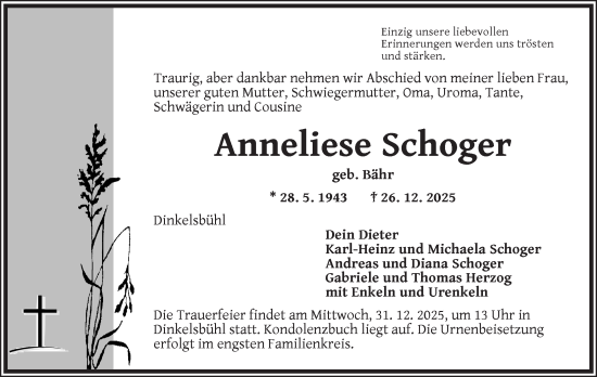 Traueranzeige von Anneliese Schoger von Dinkelsbühl/ Feuchtwangen