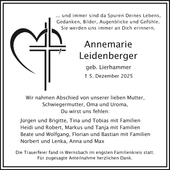 Traueranzeige von Annemarie Leidenberger von Ansbach