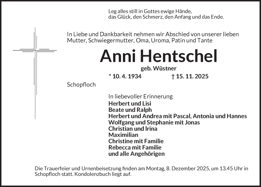  Traueranzeige für Anni Hentschel vom 05.12.2025 aus Dinkelsbühl/ Feuchtwangen