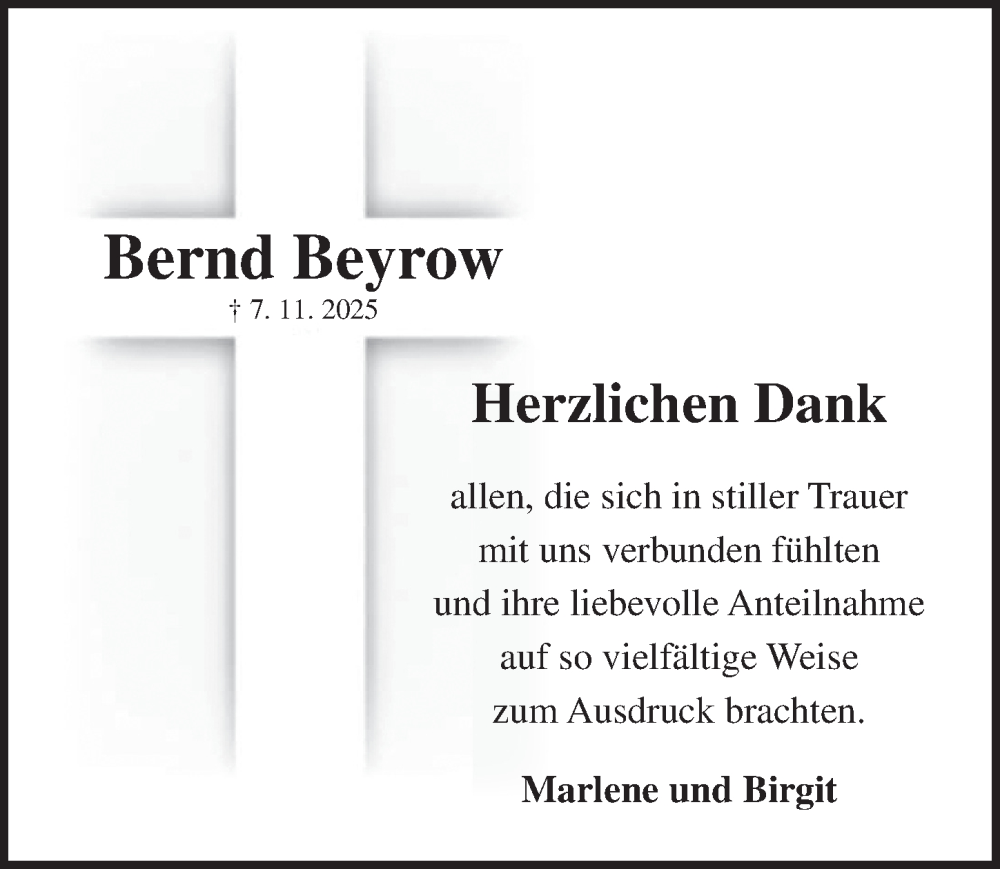  Traueranzeige für Bernd Beyrow vom 13.12.2025 aus Neustadt/ Scheinfeld/ Uffenheim