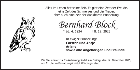 Traueranzeige von Bernhard Block von Ansbach