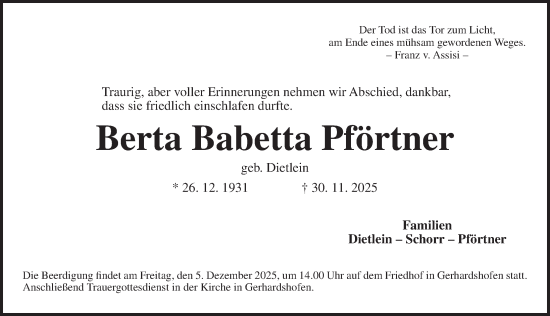 Traueranzeige von Berta Babetta Pförtner von Neustadt/ Scheinfeld/ Uffenheim