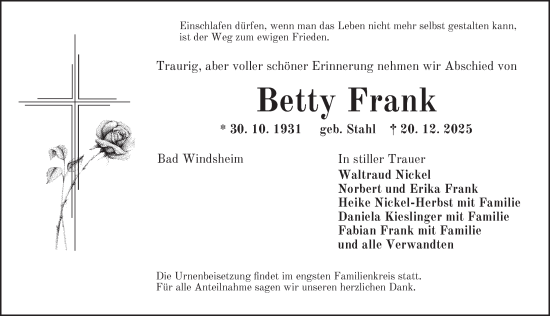 Traueranzeige von Betty Frank von Neustadt/ Scheinfeld/ Uffenheim