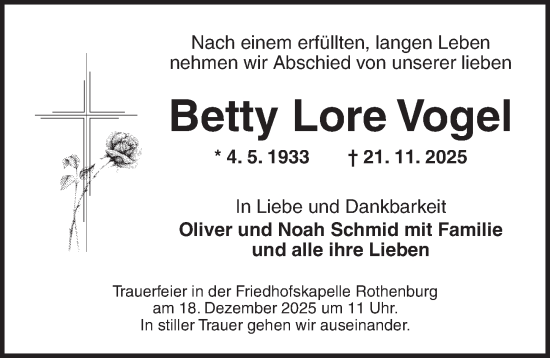 Traueranzeige von Betty Lore Vogel von Rothenburg