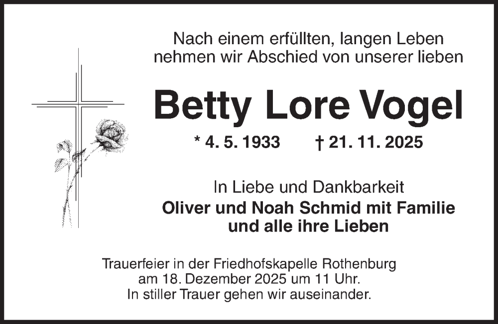  Traueranzeige für Betty Lore Vogel vom 16.12.2025 aus Rothenburg