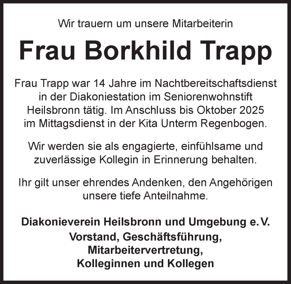  Traueranzeige für Borkhild Trapp vom 19.12.2025 aus Ansbach
