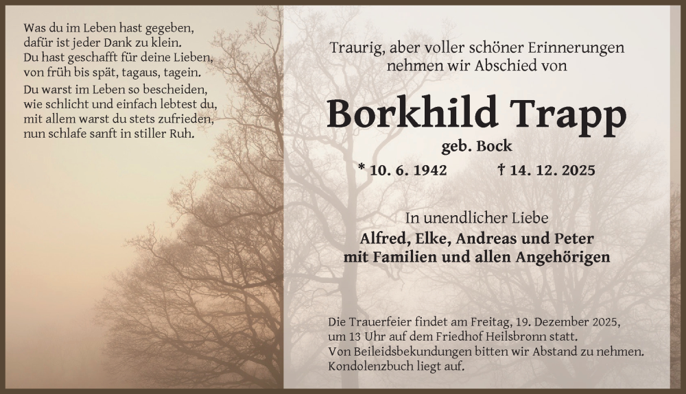  Traueranzeige für Borkhild Trapp vom 17.12.2025 aus Ansbach