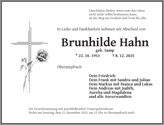Traueranzeige von Brunhilde Hahn von Dinkelsbühl/ Feuchtwangen