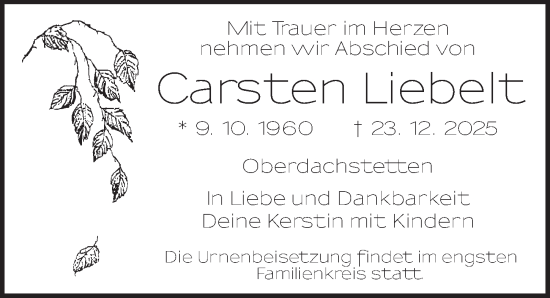 Traueranzeige von Carsten Liebelt von Ansbach