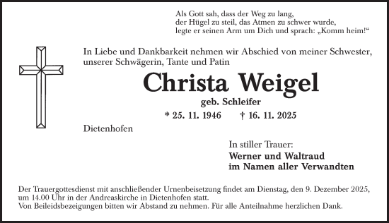 Traueranzeige von Christa Weigel von Ansbach