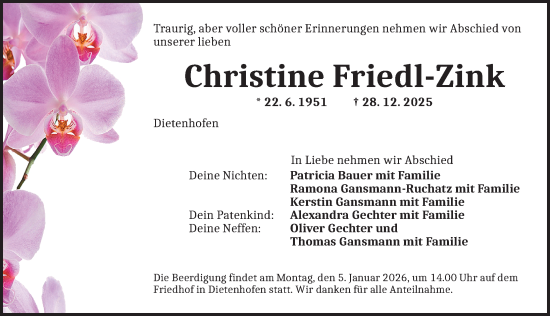 Traueranzeige von Christine Friedl-Zink von Ansbach