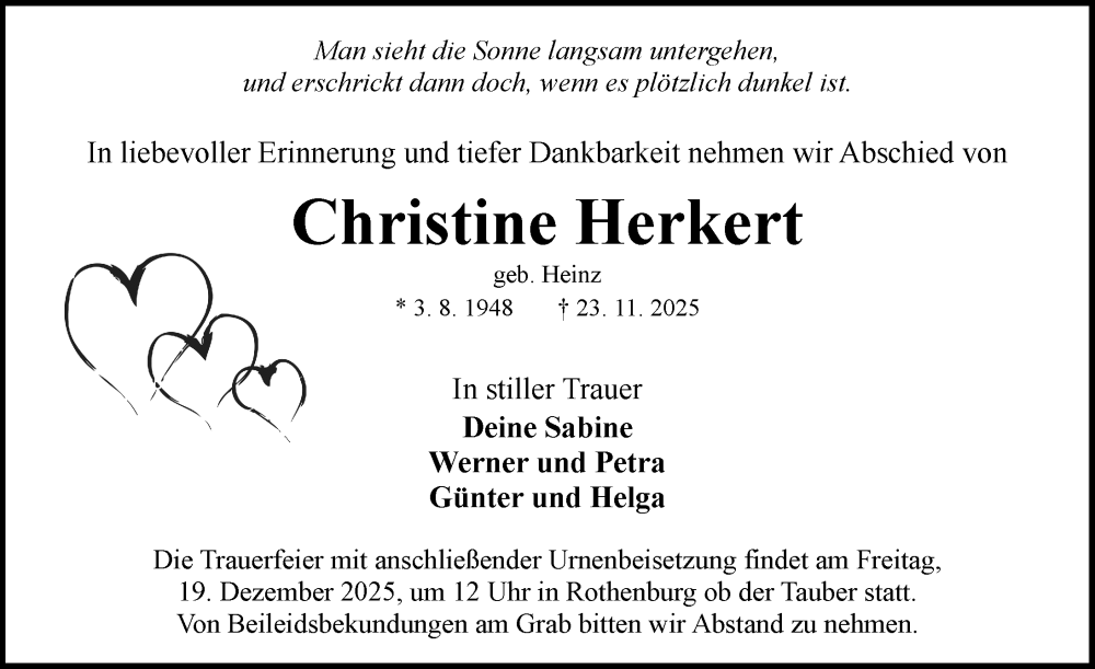  Traueranzeige für Christine Herkert vom 13.12.2025 aus Rothenburg