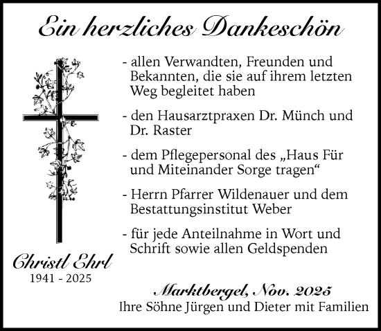 Traueranzeige von Christl Ehrl von Neustadt/ Scheinfeld/ Uffenheim