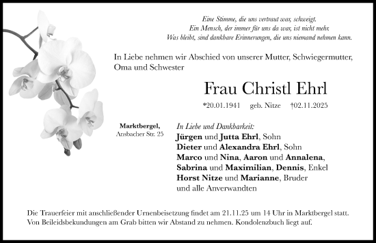 Traueranzeige von Christl Ehrl von Neustadt/ Scheinfeld/ Uffenheim