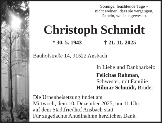 Traueranzeige von Christoph Schmidt von Ansbach