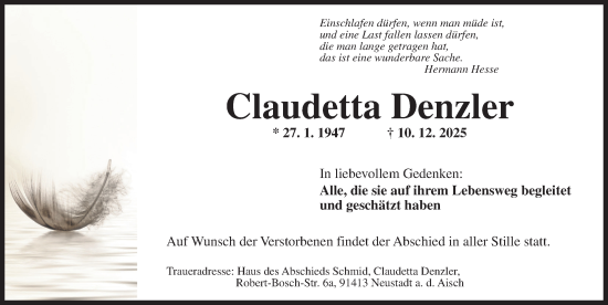 Traueranzeige von Claudetta Denzler von Neustadt/ Scheinfeld/ Uffenheim