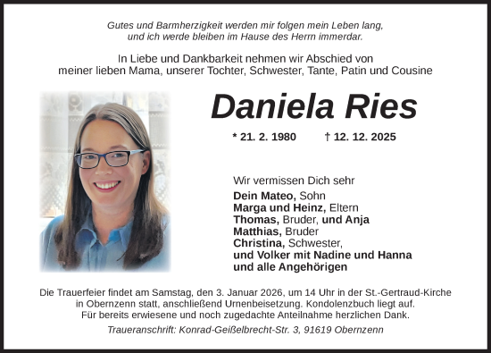 Traueranzeige von Daniela Ries von Neustadt/ Scheinfeld/ Uffenheim