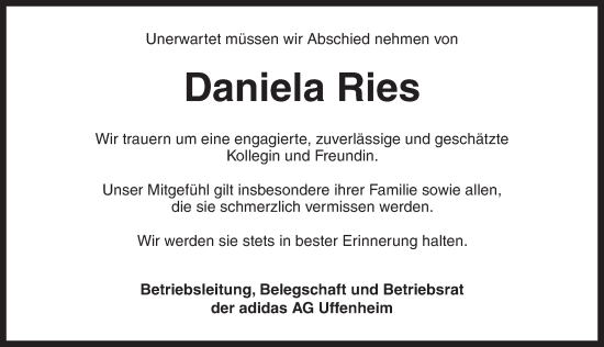Traueranzeige von Daniela Ries von Neustadt/ Scheinfeld/ Uffenheim