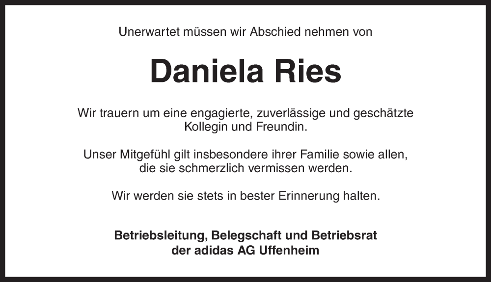  Traueranzeige für Daniela Ries vom 30.12.2025 aus Neustadt/ Scheinfeld/ Uffenheim