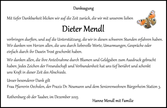Traueranzeige von Dieter Mendl von Rothenburg