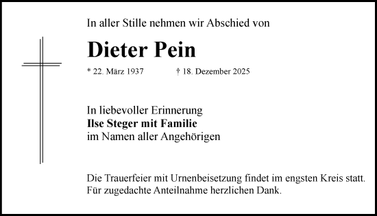 Traueranzeige von Dieter Pein von Rothenburg