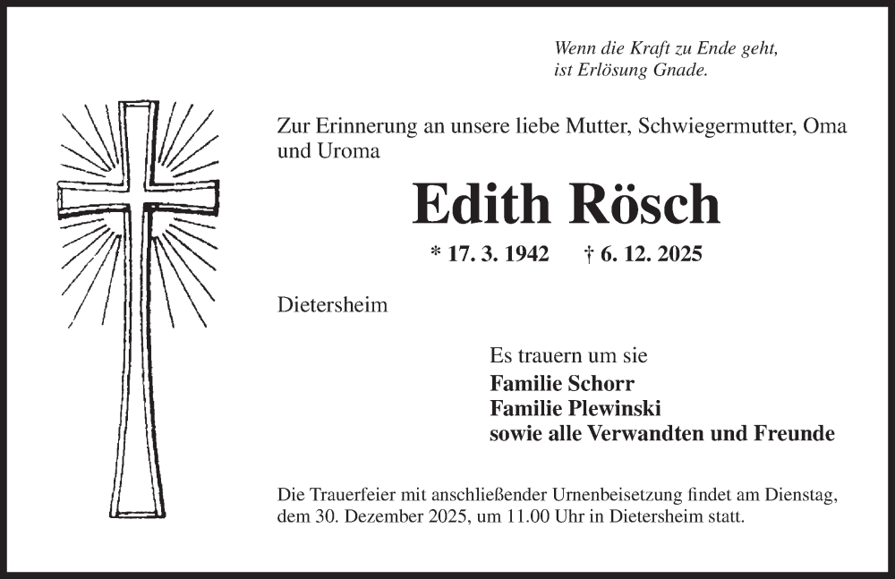  Traueranzeige für Edith Rösch vom 23.12.2025 aus Neustadt/ Scheinfeld/ Uffenheim