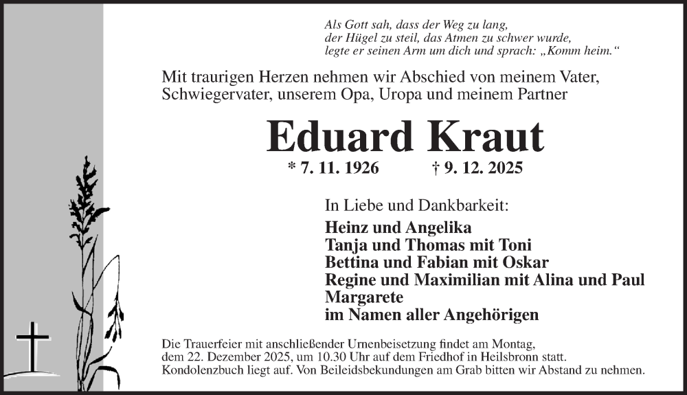  Traueranzeige für Eduard Kraut vom 18.12.2025 aus Ansbach