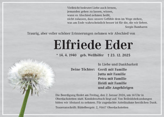 Traueranzeige von Elfriede Eder von Ansbach
