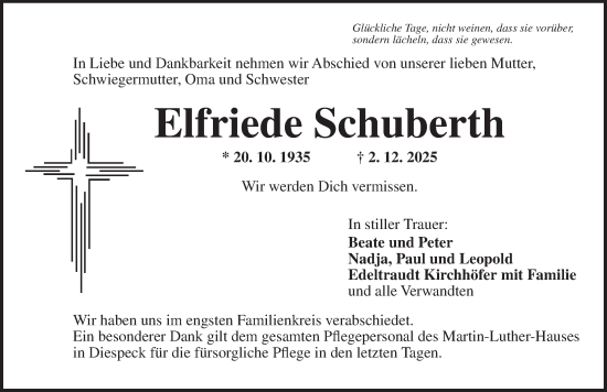 Traueranzeige von Elfriede Schuberth von Neustadt/ Scheinfeld/ Uffenheim