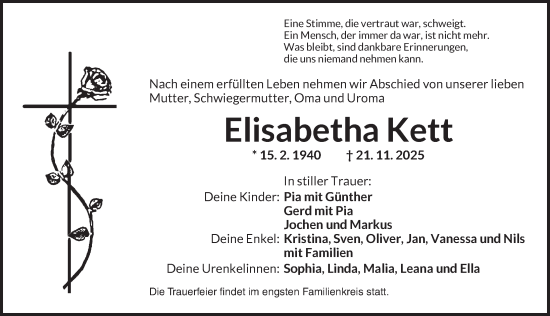 Traueranzeige von Elisabetha Kett von Neustadt/ Scheinfeld/ Uffenheim