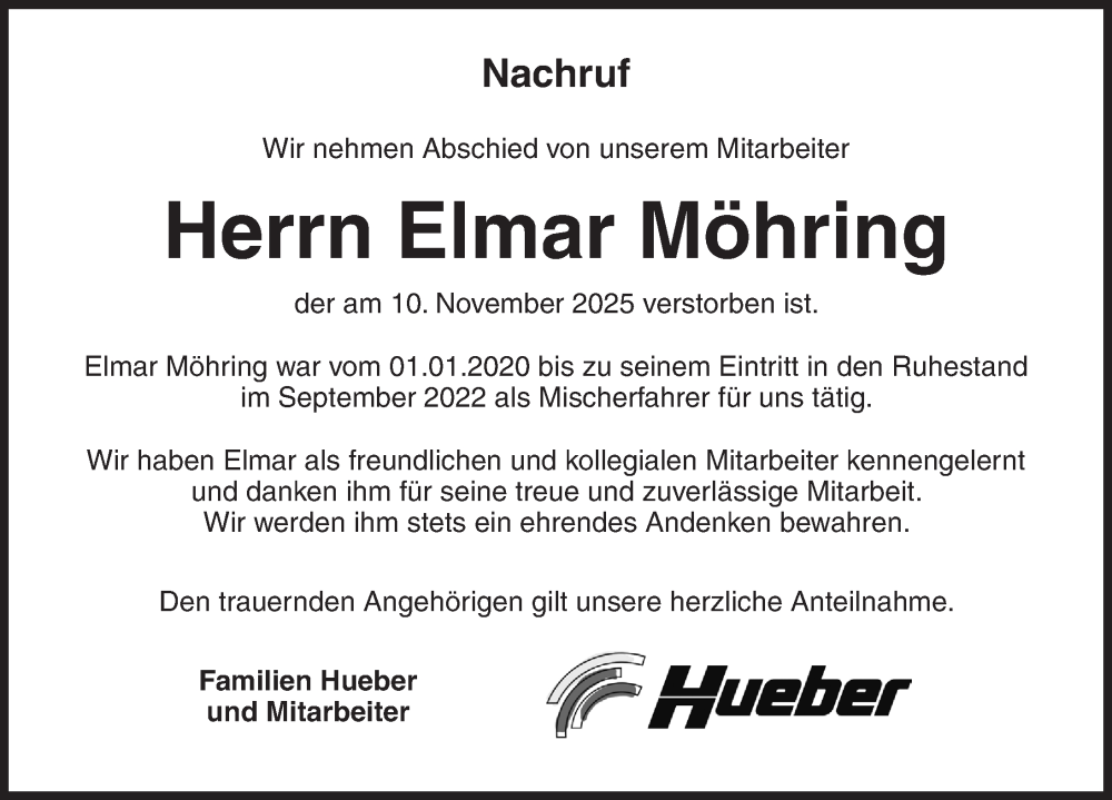  Traueranzeige für Elmar Möhring vom 20.12.2025 aus Ansbach