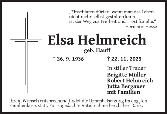 Traueranzeige von Elsa Helmreich von Ansbach