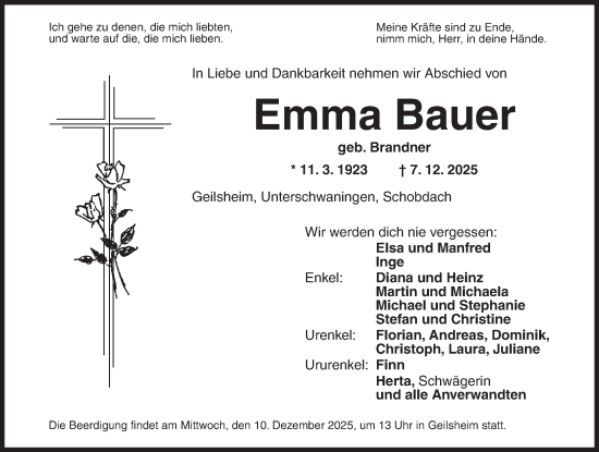 Traueranzeige von Emma Bauer von Dinkelsbühl/ Feuchtwangen