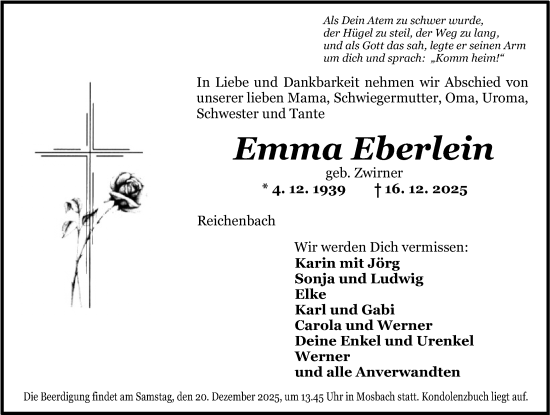 Traueranzeige von Emma Eberlein von Dinkelsbühl/ Feuchtwangen