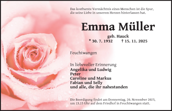 Traueranzeige von Emma Müller von Dinkelsbühl/ Feuchtwangen